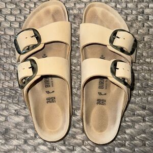Birkenstock Arizona Double Buckle Sandals in Beige with Tortoiseshell Buckles
